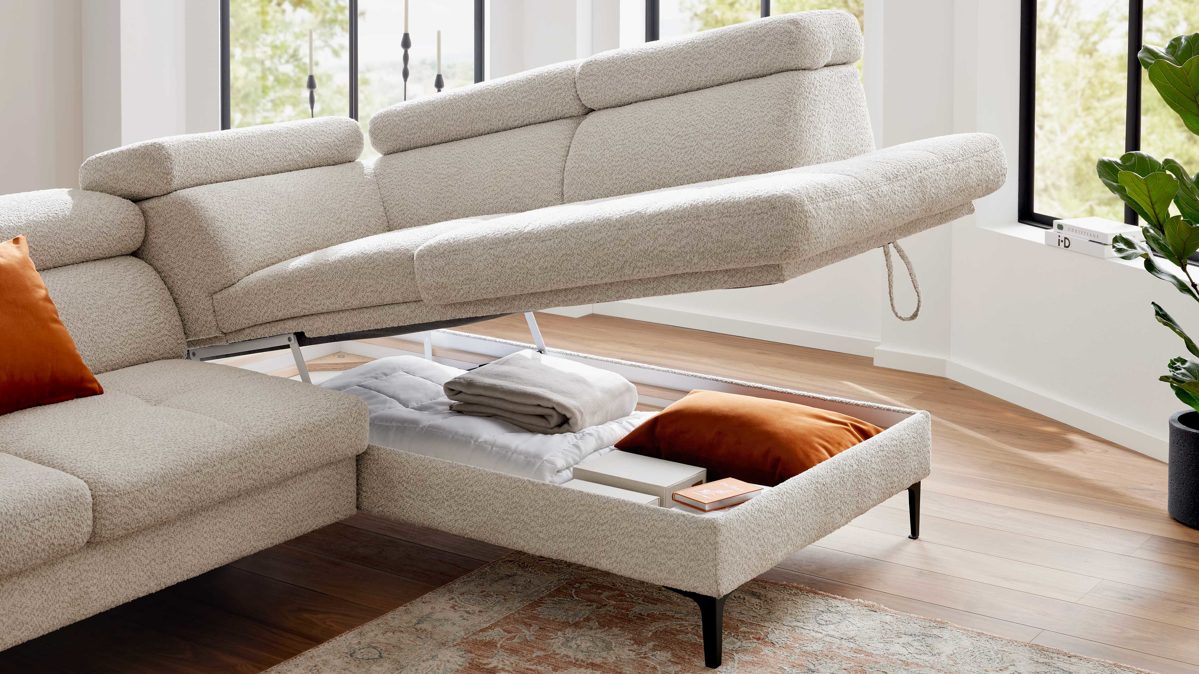 Bettkasten Interliving aus Metall in Transparent Interliving Sofa Serie 4420 - Aufklappfunktion für Chaiselongue