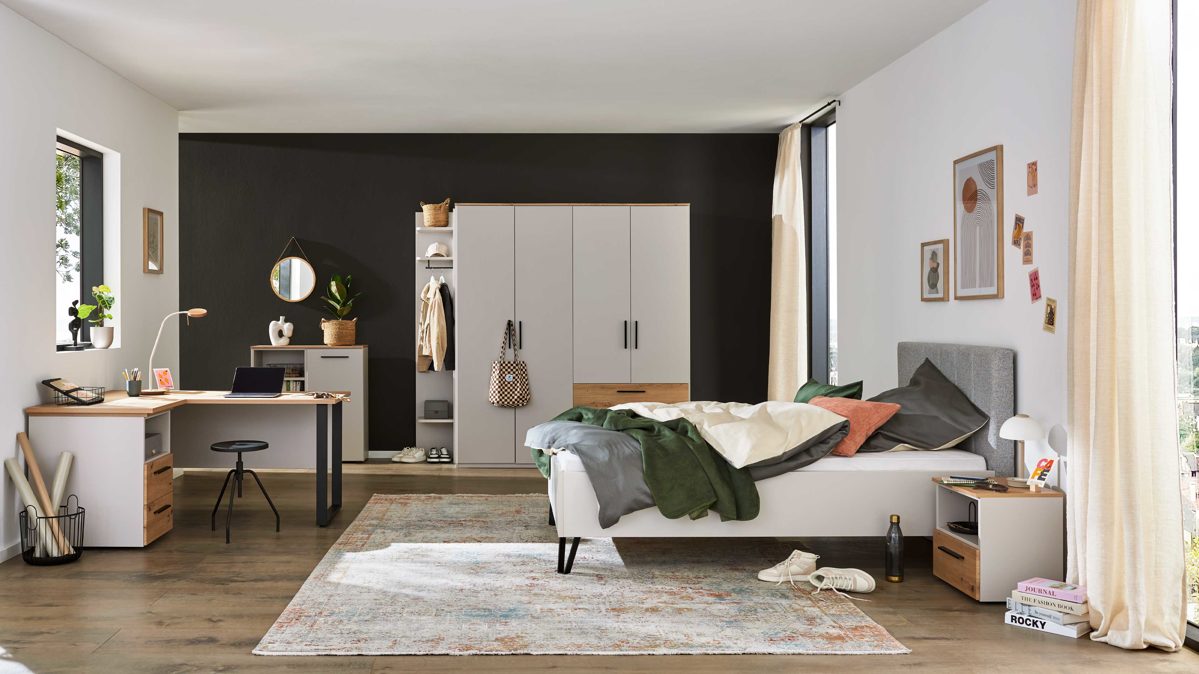 Komplettzimmer Interliving aus Holz in Hellgrau Interliving Jugendzimmer Serie 1702 - Jugendzimmermöbel als komplettes Set Sandgrau & Artisan Eiche - Liegefläche ca. 120 x 200 cm