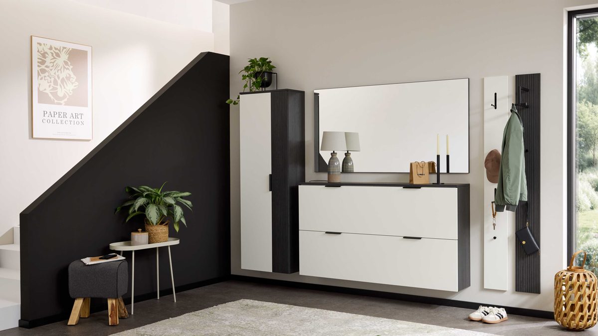 Garderoben-Set Interliving aus Holz in Weiß Interliving Garderobe Serie 6015 - Garderoben-Set Weiß & Mooreiche - sechsteilig