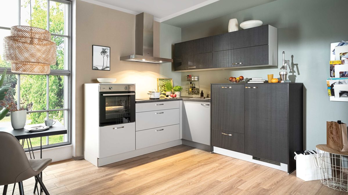 Einbauküche Express küchen aus Holz in Holzfarben Dunkel EXPRESS KÜCHEN Einbauküche Win mit Einbaugeräten Hellgrau & Stripe Dunkelbraun - Stellfläche ca. 225 x 250 cm