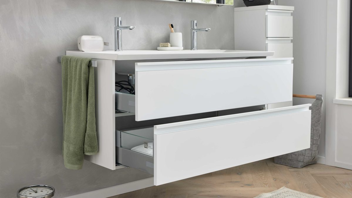 Waschtisch-Set / Waschbecken-Set Interliving aus Holz in Weiß Interliving Bad Serie 3702 - Waschtischunterschrank 7793 mit Doppelwaschtisch Edelweiß - zwei Schubladen, Breite ca. 120 cm