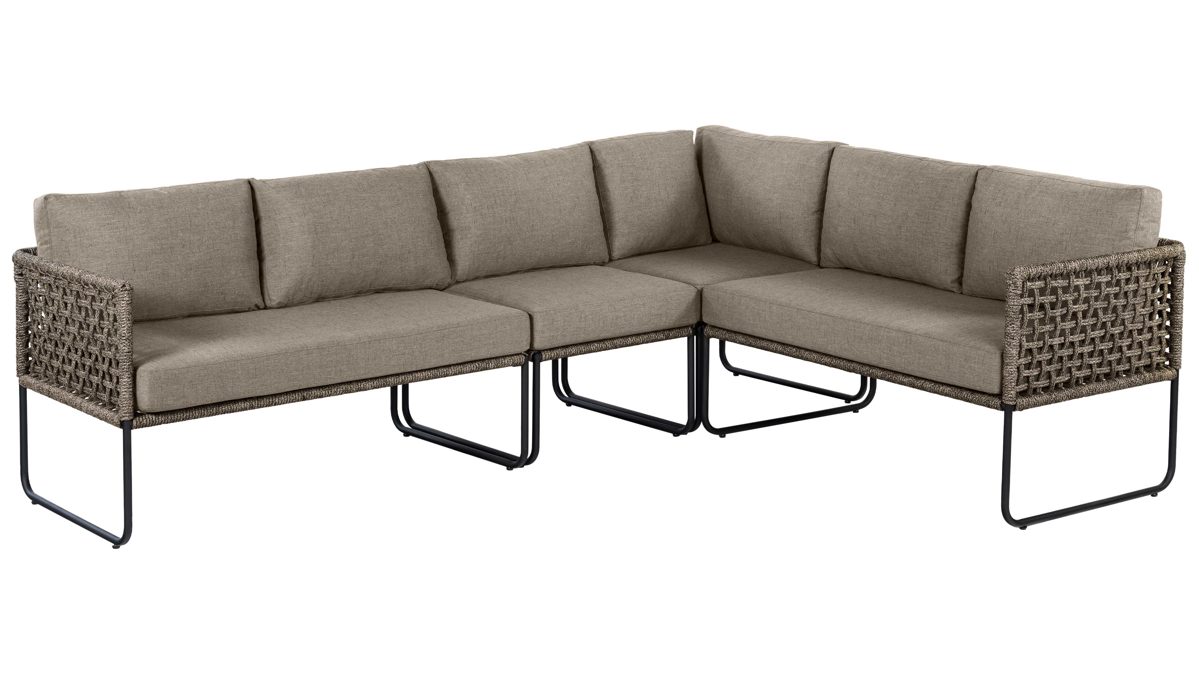 Gartensofa Cosmic collection aus Kunstfaser in Natur COSMIC collection Garten Lounge Serie Brian - Eckbank naturfarbenes Rope & Olefin, schwarzer Stahl - Stellfläche ca. 270 x 205 cm