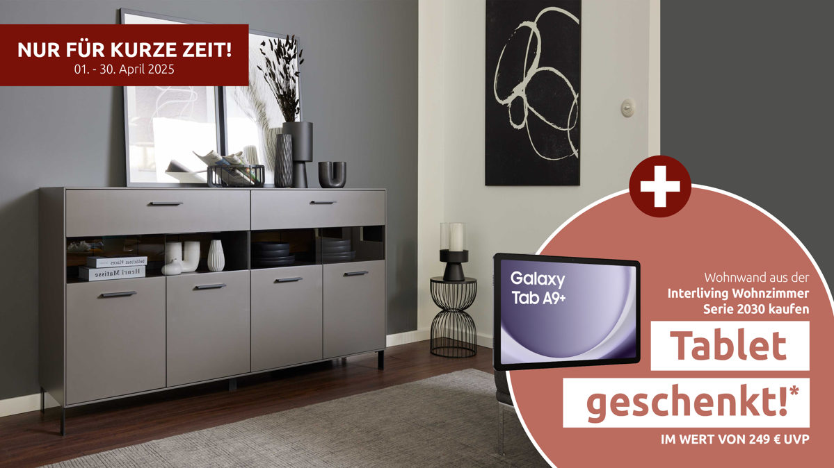 Sideboard Interliving aus Holz in Dunkelgrau Interliving Wohnzimmer Serie 2030 - Sideboard Wolfram Grey & Spaltholz - vier Türen, zwei Schubladen, Breite ca. 180 cm