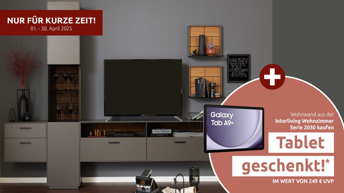 Wohnwand Interliving aus Holz in Dunkelgrau Interliving Wohnzimmer Serie 2030 - Wohnwand 80 Wolfram Grey & Spaltholz - fünfteilig, Länge ca. 309 cm