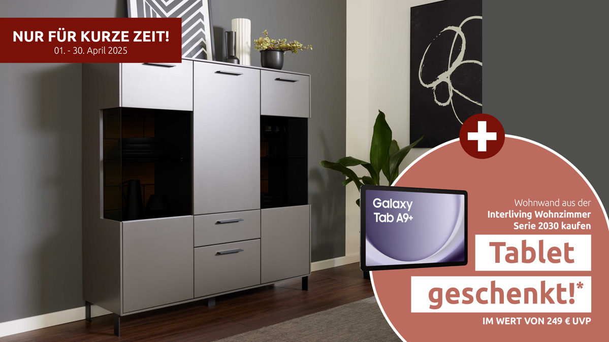 Highboard Interliving aus Holz in Dunkelgrau Interliving Wohnzimmer Serie 2030 - Highboard Wolfram Grey & Spaltholz - drei Türen, zwei Schubladen, Breite ca. 120 cm