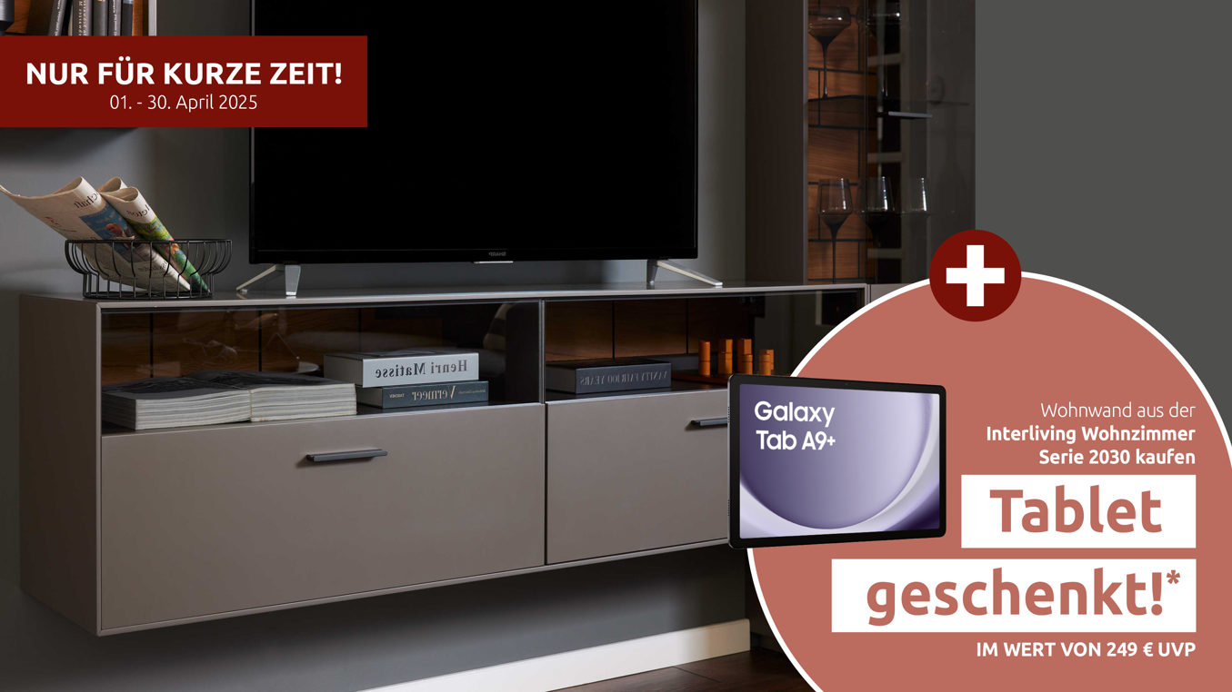 Lowboard Interliving aus Holz in Dunkelgrau Interliving Wohnzimmer Serie 2030 - Hänge-Lowboard Wolfram Grey & Spaltholz - zwei Schubladen, Länge ca. 180 cm