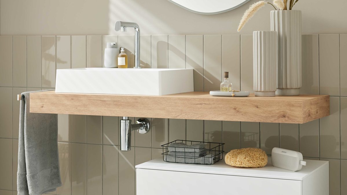 Waschtisch-Set / Waschbecken-Set Interliving aus Holz in Holzfarben Interliving Bad Serie 7198 – Konsolen-Set Eiche Sierra - Länge ca. 140 cm