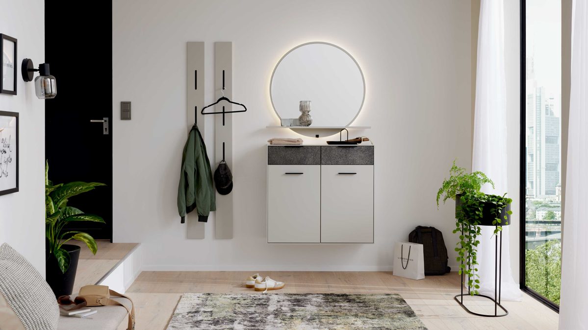 Garderoben-Set Interliving aus Holz in Weiß Interliving Garderoben Serie 6013 - Garderobenkombination Sahara Creme & Granitfurnier - vierteilig