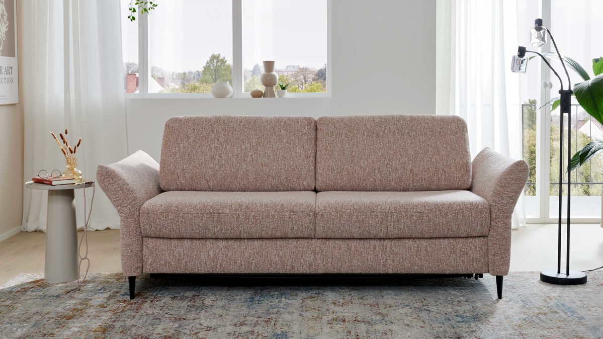Schlafsofa Interliving aus Stoff in Rosa Interliving Sofa Serie 4700 - Schlafsofa 160LÄ sienafarbener Webstoff Loft & schwarze Aluminiumfüße - Breite ca. 228 cm