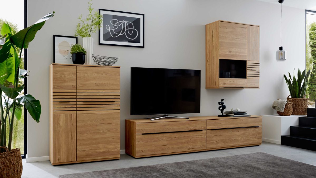 Wohnwand Interliving aus Holz in Holzfarben Interliving Wohnzimmer Serie 2032 - Wohnwand EB34501 Balkenbuche - Länge ca. 345 cm