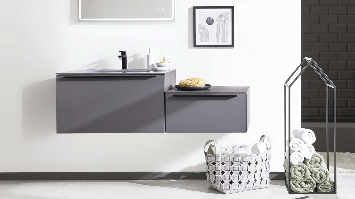 Badmöbel-Set Interliving aus Holz in Grau Interliving Bad Serie 7317 - Basis-Set mit Waschtisch Schiefergrau - Breite ca. 140 cm