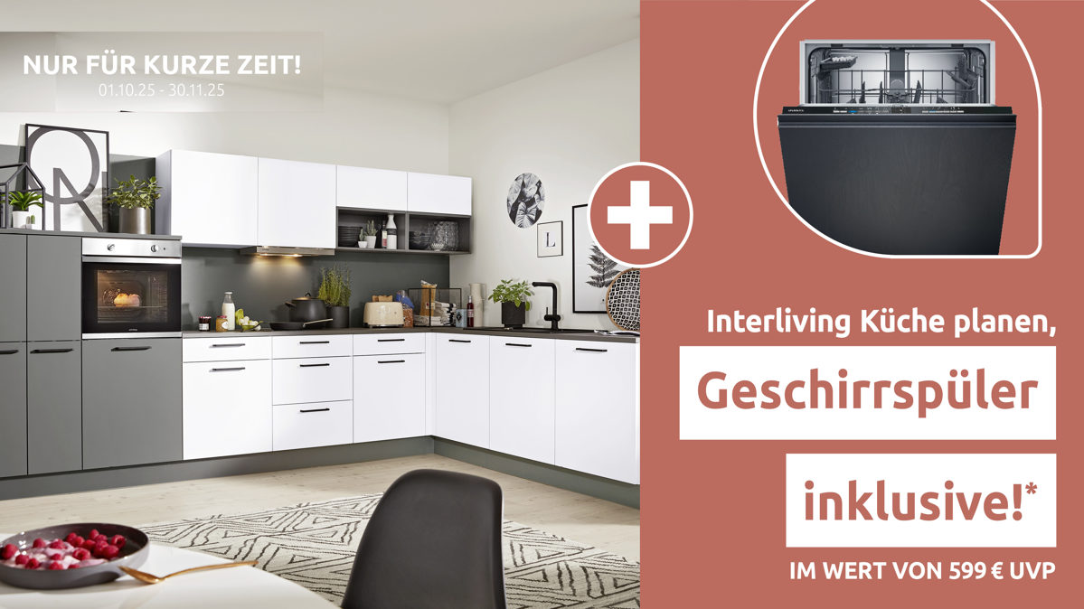 Einbauküche Interliving aus Holz in Weiß Interliving Küche Serie 3032 mit privileg Einbaugeräten Weiß & Quarzgrau - Stellfläche ca. 395 x 245 cm