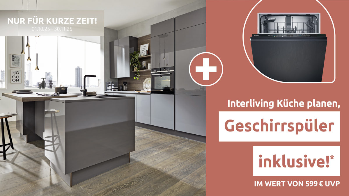 Einbauküche Interliving aus Holz in Grau Interliving Küche Serie 3042 mit SIEMENS Einbaugeräten Quarzgrau & Eiche Graphitsilber  – zweizeilig