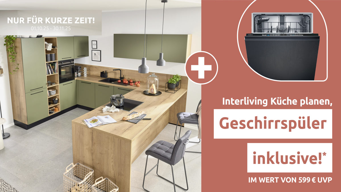 Einbauküche Interliving aus Holz in Grün Interliving Küche Serie 3065 mit SIEMENS-Einbaugeräten Olive & Eiche Ventura – Stellfläche ca. 350 x 278 cm