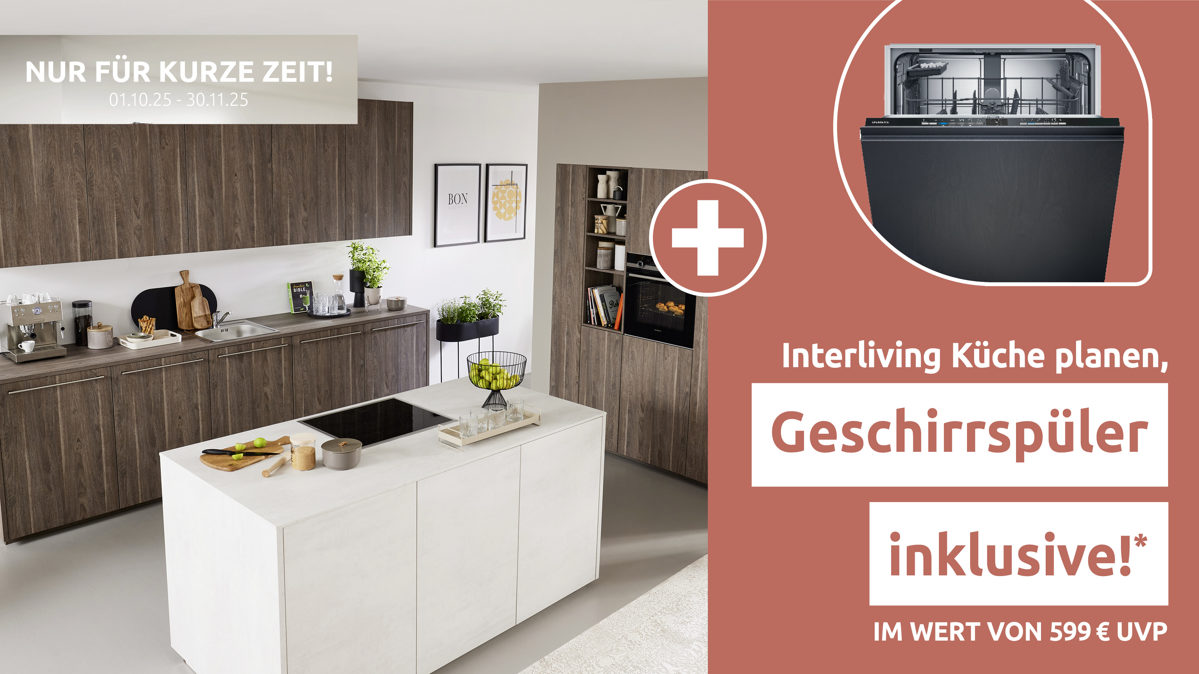 Einbauküche Interliving aus Holz in Holzfarben Interliving Küche Serie 3078 mit SIEMENS Einbaugeräten graphitsilberne Eiche & weißer Beton - dreizeilig