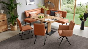 Tischgruppe Interliving aus Holz in Holzfarben Interliving Esszimmer Serie 5505 - Essgruppe mit Eckbank und Stühlen Flachgewebe, Mikrofaser, Artisaneiche & Metall - sechsteilig