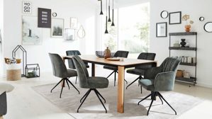 Tischgruppe Interliving aus Stoff in Grün Interliving Esszimmer Serie 5110 - Essgruppe mit Holztisch grüner Bezug Genova, schwarzer Spinnenfuß & Eiche natur