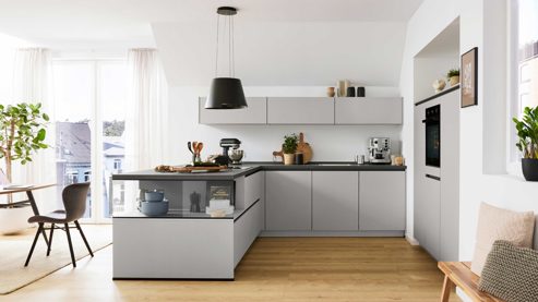 Einbauküche culineo® aus Holz in Hellgrau Culineo® Einbauküche C615 mit Einbaugeräten Seiden- & Schiefergrau - Stellfläche ca. 240 x 270 cm