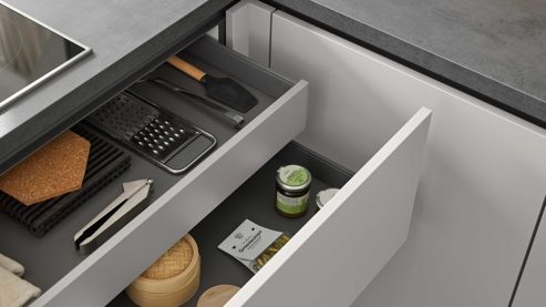 Einbauküche culineo® aus Holz in Hellgrau Culineo® Einbauküche C615 mit Einbaugeräten Seiden- & Schiefergrau - Stellfläche ca. 240 x 270 cm