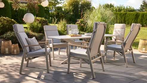 Gartenmöbel-Set Interliving aus Metall in Beige Interliving Gartenmöbel Serie 7014 - Essgruppe mit sechs Stühlen beiges TEXTILIENE®, Sinterstein & taupefarbenes Aluminium