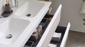 Waschtisch-Set / Waschbecken-Set Interliving aus Holz in Beige Interliving Bad Serie 3710 - Waschplatzlösung mit Doppelwaschbecken Macchiato & Weiß - Länge ca. 120 cm