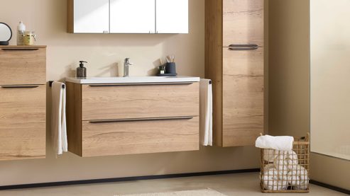 Waschtisch-Set / Waschbecken-Set Interliving aus Holz in Holzfarben Interliving Bad Serie 3730 - Waschplatzlösung mit Keramikbecken Eiche Sierra & Weiß - Länge ca. 100 cm