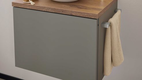 Waschtisch-Set / Waschbecken-Set Interliving aus Holz in Grau Interliving Bad Serie 3715 - Waschtisch-Kombination Taupegrau, Viking Oak & Weiß - eine Tür, Breite ca. 50 cm