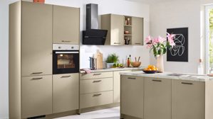 Einbauküche Express küchen aus Holz in Beige EXPRESS KÜCHEN Einbauküche Clean mit Einbaugeräten Cremegrau & heller Marmor - zweiteilig