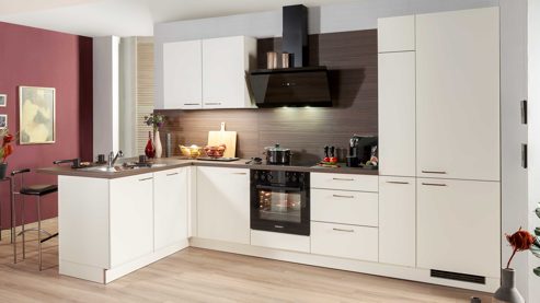 Einbauküche Express küchen aus Holz in Weiß EXPRESS KÜCHEN Einbauküche Win mit Geräten Magnolia & braune Walnuss - Stellfläche ca. 305 x 185 cm