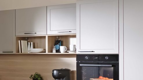 Einbauküche Express küchen aus Holz in Hellgrau EXPRESS KÜCHEN Einbauküche Home mit Elektrogeräten Cremegrau & Eiche natur - Stellfläche ca. 250 x 330 cm