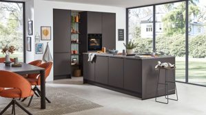 Einbauküche Nobilia® aus Holz in Dunkelbraun nobilia® Einbauküche Look mit Geräten und Kücheninsel Coffee strukturiert, Eiche olive & Schiefergrau - zweiteilig