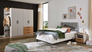 Komplettzimmer Interliving aus Holz in Hellgrau Interliving Jugendzimmer Serie 1702 - Jugendzimmermöbel als komplettes Set Sandgrau & Artisan Eiche - Liegefläche ca. 120 x 200 cm