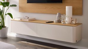 Lowboard Interliving aus Holz in Holzfarben Interliving Wohnzimmer Serie 2035 - Lowboard beiger Mattlack & Eiche - eine Klapptür, eine Schublade, Länge ca. 200 cm