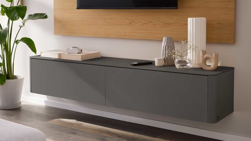 Lowboard Interliving aus Holz in Dunkelgrau Interliving Wohnzimmer Serie 2035 - Lowboard dunkelgrauer Mattlack - eine Klapptür, eine Schublade, Länge ca. 200 cm
