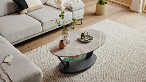 Couchtisch Interliving aus Keramik in Beige Interliving Couchtisch Serie 6230 travertinfarbene Keramik & Klarglas - 95 - 150 x 60 cm