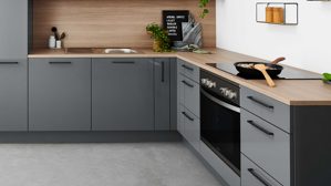 Einbauküche Nolte® küchen aus Holz in Grau nolte® Einbauküche Lux mit privileg-Einbaugeräten Quarzgrau & Natureiche – Stellfläche ca. 312 x 217 cm