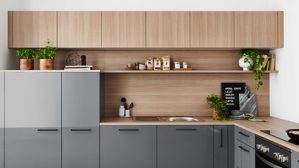 Einbauküche Nolte® küchen aus Holz in Grau nolte® Einbauküche Lux mit privileg-Einbaugeräten Quarzgrau & Natureiche – Stellfläche ca. 312 x 217 cm