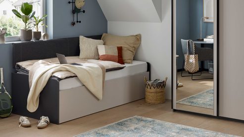 Funktionsbett Interliving aus Holz in Grau Interliving Jugendzimmer Serie 1701 - Funktionsbettgestell Dunkelgrau & Sandgrau - Liegefläche ca. 90 - 170 x 190 - 200 cm