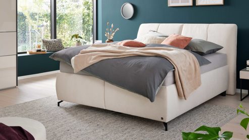 Polsterbett Interliving aus Stoff in Weiß Interliving Bettsystem Serie 1414 - Polsterbett elfenbeinfarbener Bezug GCP 11 - Liegefläche ca. 180 x 200 cm