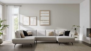 Ecksofa Interliving aus Stoff in Creme Interliving Sofa Serie 4304 – Wohnlandschaft ecrufarbener Bezug Macan & silberfarbener Bezug Vera – Stellfläche ca. 243 x 357 cm