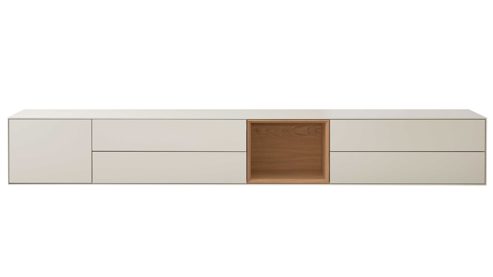 Wohnwand Interliving aus Holz in Beige Interliving Wohnzimmer Serie 2034 - Wohnwand beiger Lack & Eiche - zweiteilig, Länge ca. 270 cm