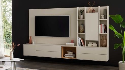 Wohnwand Interliving aus Holz in Beige Interliving Wohnzimmer Serie 2034 - Wohnwand beiger Lack & Eiche - zweiteilig, Länge ca. 270 cm