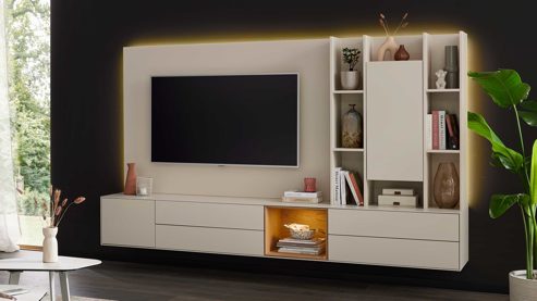 Wohnwand Interliving aus Holz in Beige Interliving Wohnzimmer Serie 2034 - Wohnwand beiger Lack & Eiche - zweiteilig, Länge ca. 270 cm