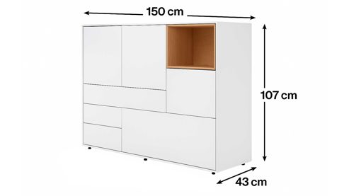 Highboard Interliving aus Holz in Weiß Interliving Wohnzimmer Serie 2034 - Highboard weißer Lack & Eiche - zwei Schubladen, zwei Türen, Länge ca. 150 cm