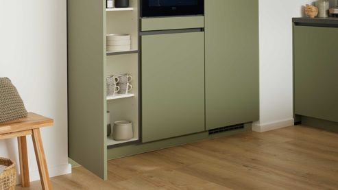 Einbauküche culineo® aus Holz in Hellgrün Culineo® Einbauküche C357  mit Einbaugeräten Olive & Schiefergrau - zweizeilig