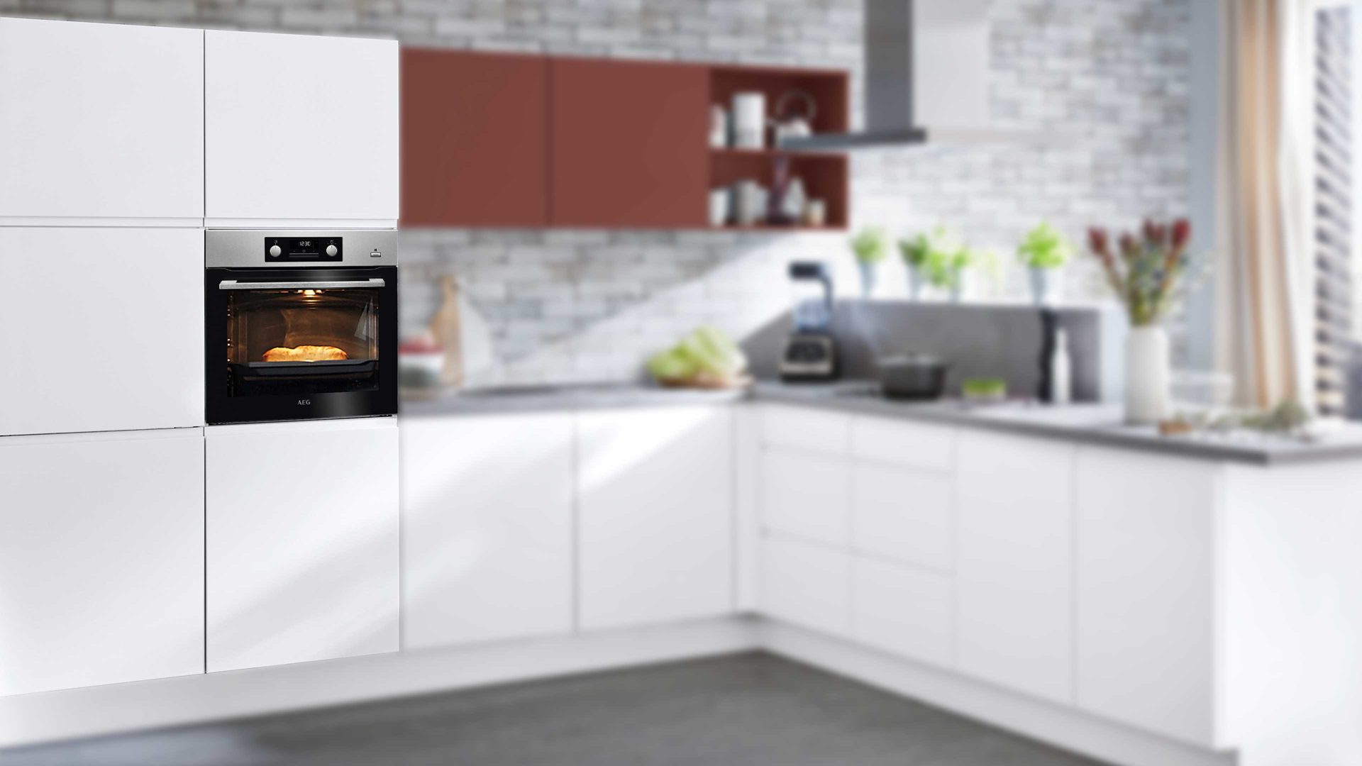 Einbauküche Nolte® küchen aus Holz in Weiß nolte® Einbauküche Sigma mit AEG-Einbaugeräten Weiß, Hennarot & Beton – Stellfläche ca. 325 x 325 cm