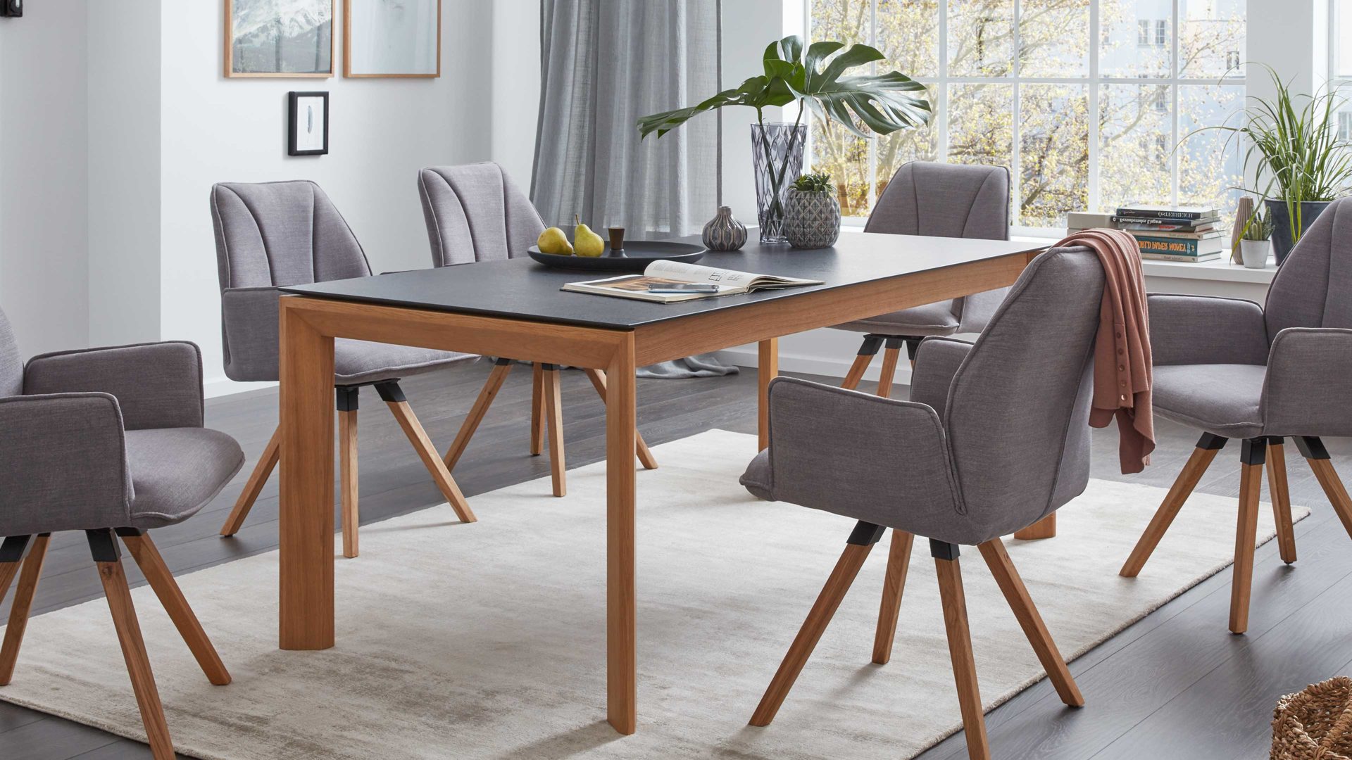 Auszugtisch Interliving aus Holz in Grau Interliving Esszimmer Serie 5102 – Auszugtisch granitfarbenes HPL & Wildeiche – ca. 140-240 x 90 cm