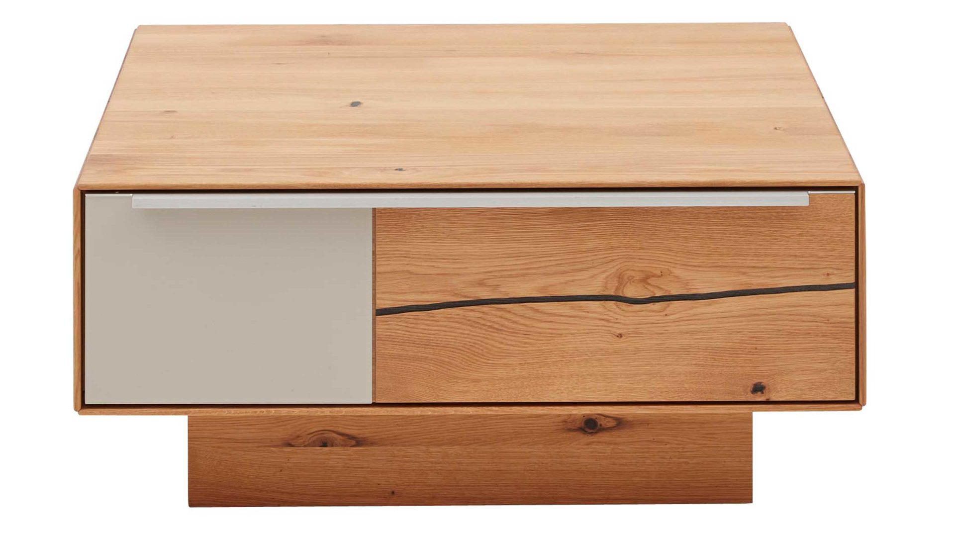 Couchtisch Interliving aus Holz in Hellgrau Interliving Wohnzimmer Serie 2020 - Couchtisch 151517 Asteiche, Schlamm & Risseiche– zwei Schubladen, ca. 82 x 82 cm