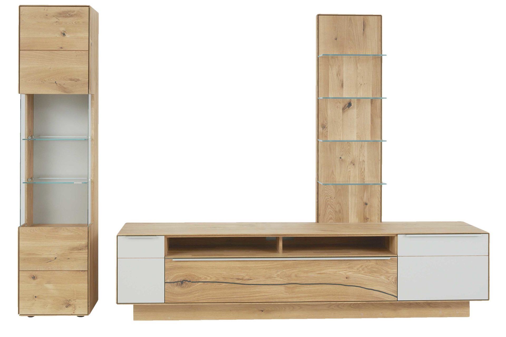 Wohnwand Interliving aus Holz in Hellgrau Interliving Wohnzimmer Serie 2020 - Wohnwand V15101 Asteiche & Schlamm – dreiteilig, Breite ca. 309 cm