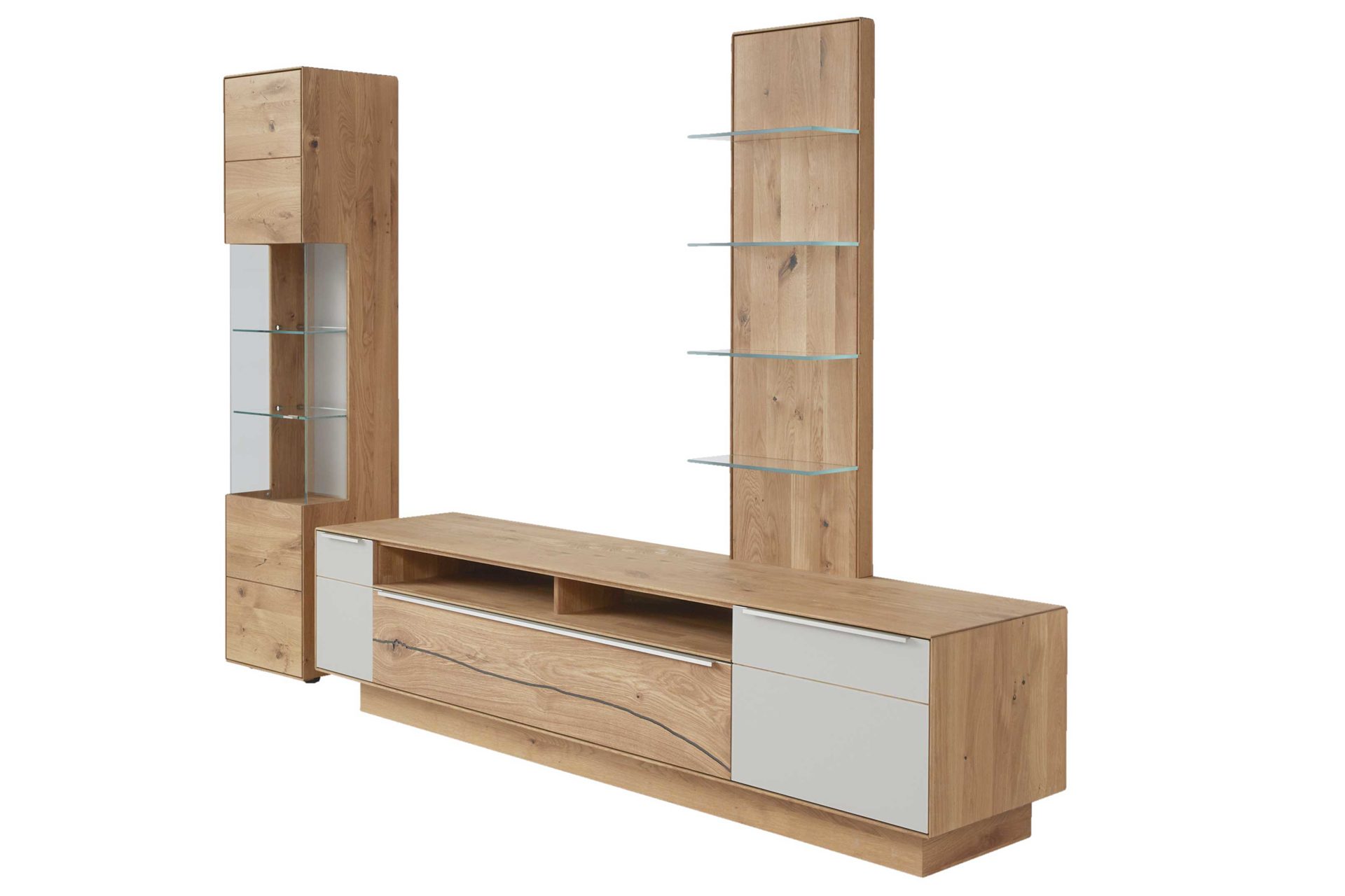 Wohnwand Interliving aus Holz in Hellgrau Interliving Wohnzimmer Serie 2020 - Wohnwand Asteiche & Schlamm – dreiteilig, Breite ca. 309 cm